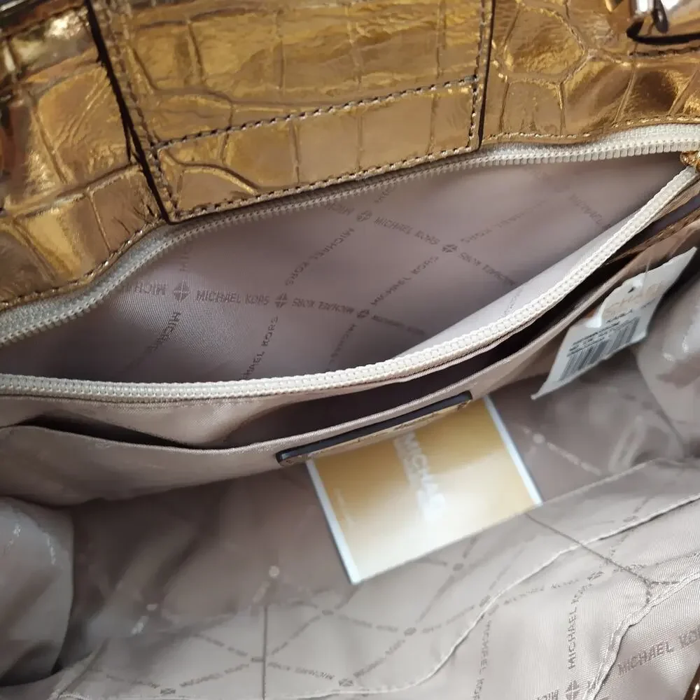 Michael Kors Karla Metallic Gold Leather Crocodile Embossed Satchel Bag - Picture 9 of 16